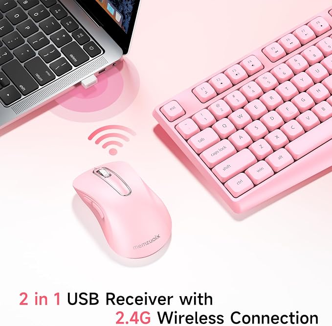 memzuoix Wireless Keyboard and Mouse Combo, 2.4G Full-Size Ergonomic Set with 1400 DPI Mouse, Lag-Free USB Receiver, 6-Month Battery Life for PC/Laptop/Windows/Mac (Pink)