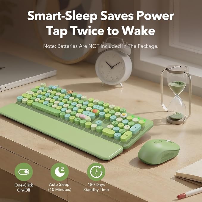 Wireless Keyboard and Mouse Combo, Cute Retro Typewriter Keyboard with Round Keycaps and Magnetic Wrist Rest, Full-Size 2.4GHz Cordless for Mac, Windows PC, Laptop, SABLUTE CK23, Green Multi-Color