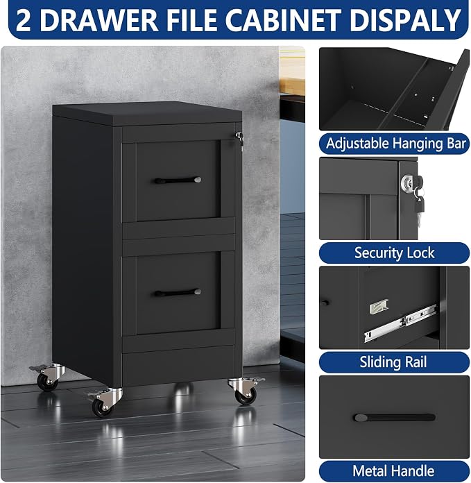 Ckzbx 2 Drawer File Cabinet with Lock, Narrow Vertical Filing Cabinet, Under Desk File Cabinets,Black Metal File Cabinets for Home Office,Fit Letter/A4/Legal Size File (Wheel)