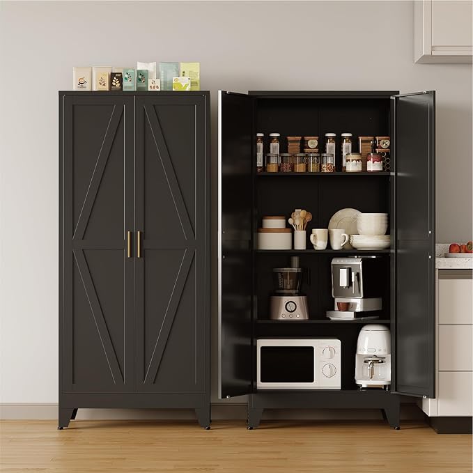 COFaR Metal Pantry Cabinet with Doors, Farmhouse 61'' Tall Storage Cabinet with 3 Adjustable Shelves, Kitchen Pantry Cabinet for Dinning Room, Garage, Laundry, Bathroom, Black 4-Tier