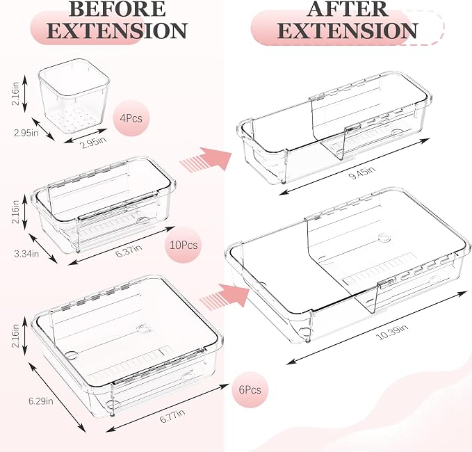 DILIBRA 20 Pcs Clear Extendable Drawer Organizer, Adjustable Drawer Storage 3-Size Desk Drawer Organizer, Plastic Non-Slip Storage Bins for Makeup Cosmetic Jewelries Utensils Stationery Dressers Tool