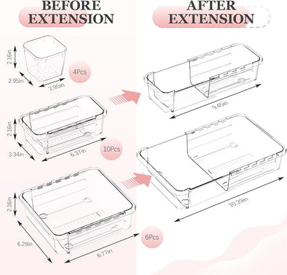 DILIBRA 20 Pcs Clear Extendable Drawer Organizer, Adjustable Drawer Storage 3-Size Desk Drawer Organizer, Plastic Non-Slip Storage Bins for Makeup Cosmetic Jewelries Utensils Stationery Dressers Tool