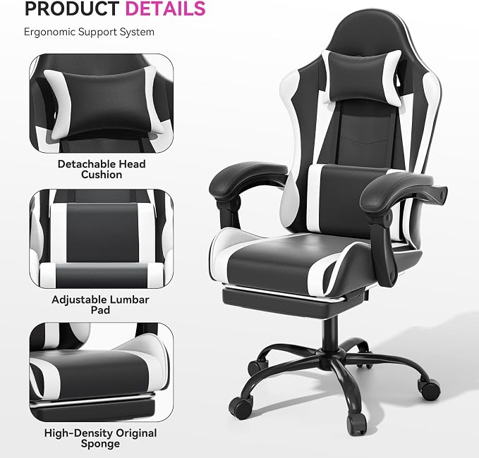 Gaming Chair with Footrest, Ergonomic Computer Gaming Desk Chair with Lumbar Support & Headrest, Adjustable High Back PU Leather Office Chair, Swivel Racing Style Gamer Chair, Black/White