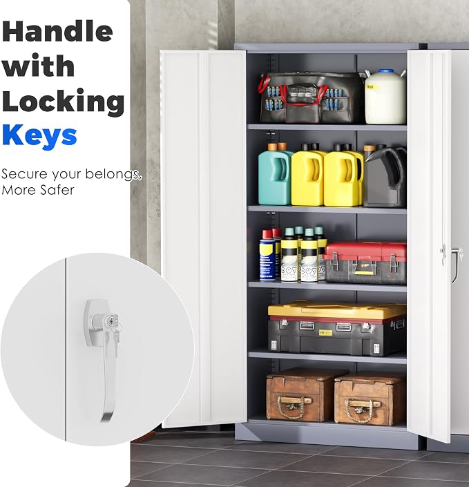 INTERGREAT Metal Garage Storage Cabinet with Lock, 72" Storage Cabinet with Locking Doors and 4 Adjustable Shelves, Lockable Steel Tool Cabinet for Home Office, School, Double Grey