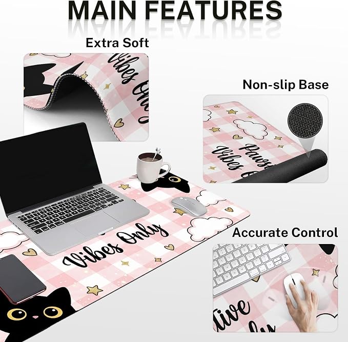 Britimes Pink Cat Kawaii Keyboard Mouse Pad Set Cloud Gingham 4in1 Large Mousepad+Keyboard Wrist Rest+Mouse Wrist Rest+Coaster Ergonomic Design for Home Office Computer 35.4x15.7 inches