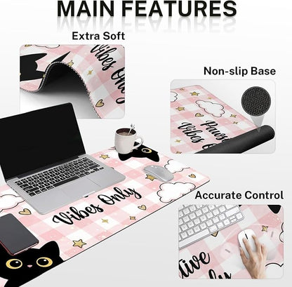 Britimes Pink Cat Kawaii Keyboard Mouse Pad Set Cloud Gingham 4in1 Large Mousepad+Keyboard Wrist Rest+Mouse Wrist Rest+Coaster Ergonomic Design for Home Office Computer 35.4x15.7 inches