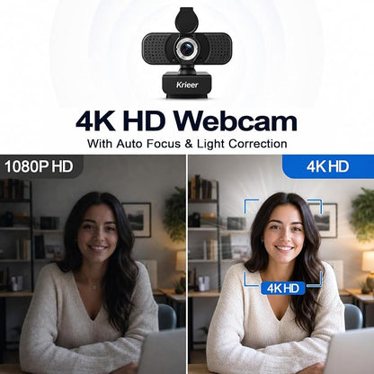 4K HD Webcam with Dual Mics &Rotatable Tripo,Privacy Cover for Pc/Laptop, USB Computer Camera Plug & Play with Auto Light Correction for Video Calls, Live Streaming Gaming & Online Meetings