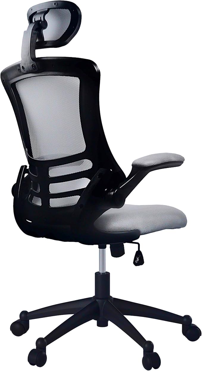 Modern High Back Mesh Executive Chair With Headrest And Flip Up Arms. Color: Silver Grey