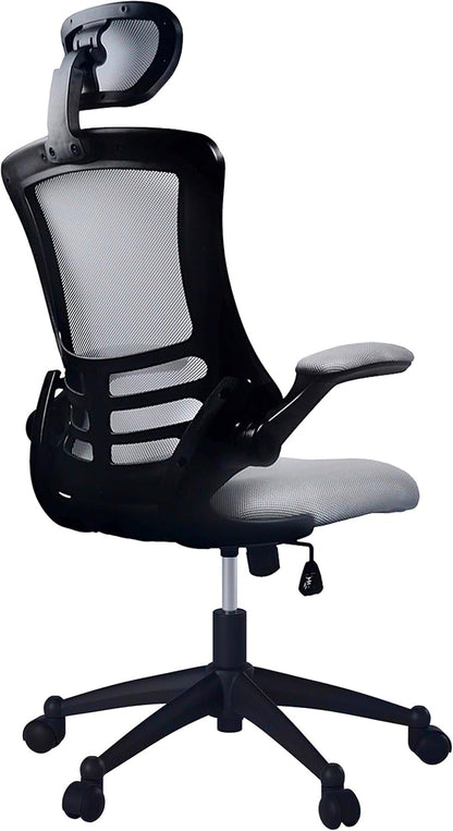 Modern High Back Mesh Executive Chair With Headrest And Flip Up Arms. Color: Silver Grey