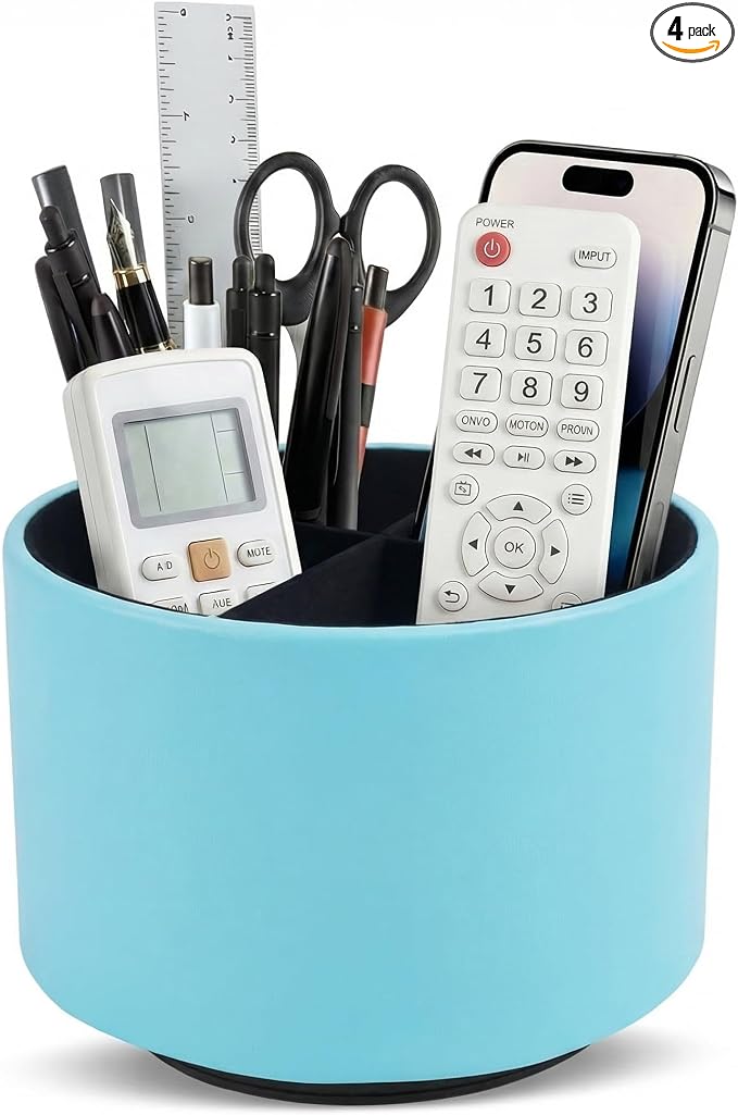 Round Leather Art Supply Organizer,Remote Control Holder,360 Degree Spinning,Multi-Functional Pencil Holder,4 Compartments Desktop Stationary Organizer(1-Sheep Blue)