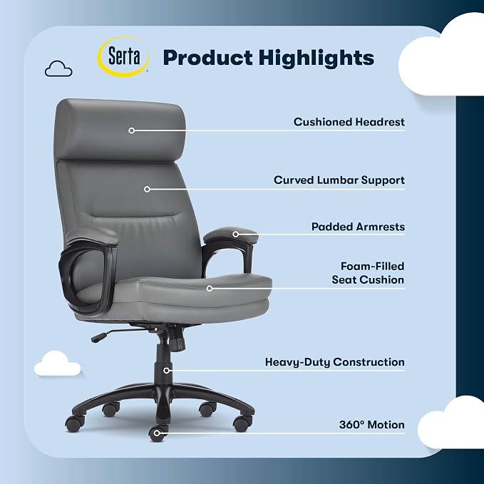 Serta Comfort Executive Big & Tall Office Chair, Ergonomic High-Back Computer DeskChair, Semi Plush Cushion Seat, Soft Padded Armrests, SertaQuality Foam, Metal Swivel Base, Bonded Leather, Gray