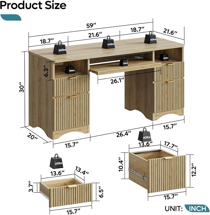 Bestier Computer Desk with Keyboard Tray, 59 inch Office Desk with 4 Drawers, Modern Home Office Desk with File Drawer (Natual Oak, 59" W with Double-Sided Drawers)