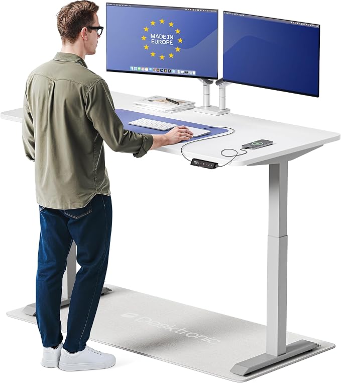 Desktronic HomeOne Standing Desk 60x30 — Ergonomic Sit Stand Home Office Desk, Made in Europe, Electric Dual Motor Height Adjustable, USB & USB-C Charging, Wobble-Free, Touchscreen, 3 Memory Presets