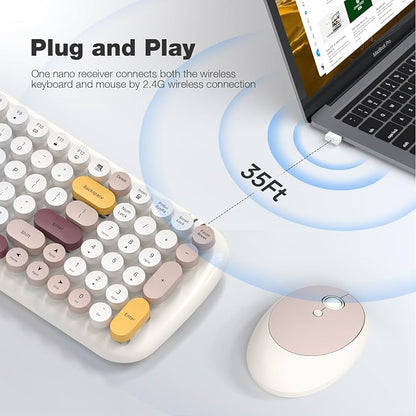MOFII Wireless Keyboard and Mouse Combo, Full-Size Retro Typewriter-Style Wireless Keyboard with Optical Mouse for Computer/Laptop/Windows/Mac (Off White Colorful)