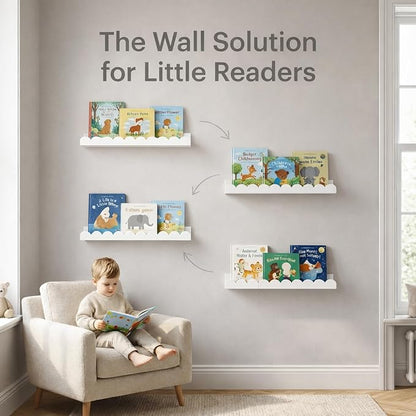 White Scalloped Nursery Shelves for Wall, 4-Pack Floating Book Shelves for Kids Room, Wall Mounted Kids Bookshelves for Bedroom, Playroom, Book and Decor Display