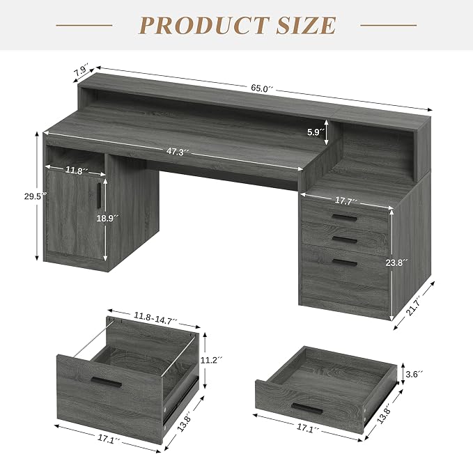 YOMILUVE Executive Computer Desk with 3 Drawers & Storage Shelves, 65 Inch Home Office Desk with File Drawer & Cabinet, Writing Study Desks with Monitor Stand & Printer Shelf, Dark Grey