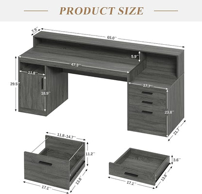 YOMILUVE Executive Computer Desk with 3 Drawers & Storage Shelves, 65 Inch Home Office Desk with File Drawer & Cabinet, Writing Study Desks with Monitor Stand & Printer Shelf, Dark Grey