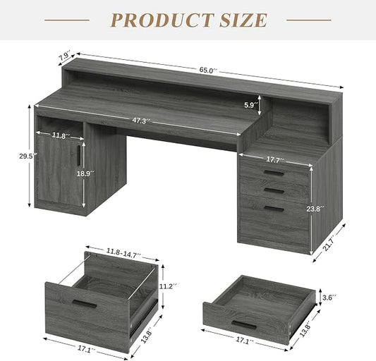 YOMILUVE Executive Computer Desk with 3 Drawers & Storage Shelves, 65 Inch Home Office Desk with File Drawer & Cabinet, Writing Study Desks with Monitor Stand & Printer Shelf, Dark Grey