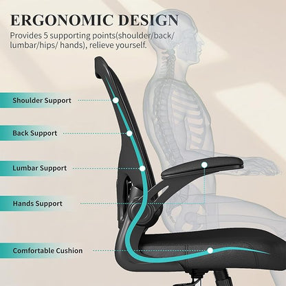 Flysky Mesh Office Chair, Ergonomic Computer Desk Chairs for Home Office - with Comfy/Comfortable Flip-up Arm Rests, Lumbar Support, Height Adjustable, 360 Degree Rolling Swivel (Black, 4 Pack)