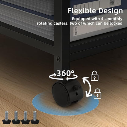 Lerliuo Printer Stand with Charging Station and USB Ports, Large 3-Tier Mobile Printer Table with Storage Shelf, Black Rolling Industrial Printer Cart with Lockable Wheels for Home Office