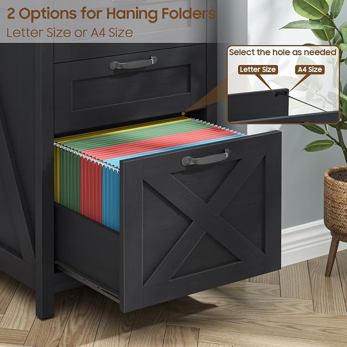 Halitaa 3 Drawer Small File Cabinet, Farmhouse Vertical Filing Cabinet Fits Letter and A4 Size, Under Desk Wooden File Cabinets for Home Office, Printer Stand, Black