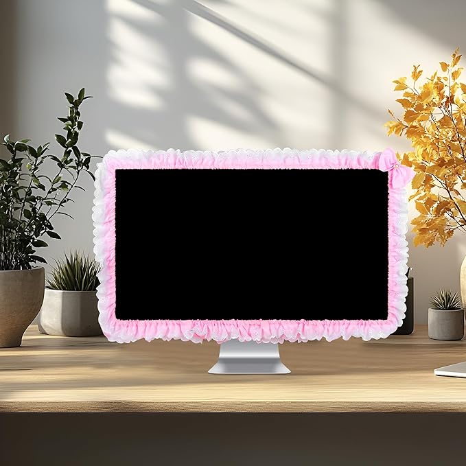32"-38" Lovely Cute Computer Monitor Cover with Lovely Cute Elastic Pen Pocket Bow-knot TV LCD Screen Monitor Decoration Dust Cover Protector, Lace Fabric- Pink