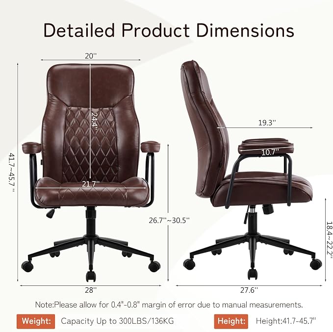 Furniliving Leather Office Chair, Comfy Home Office Desk Chair, Mid Century Modern Office Chair with Lumbar Support, Mid-Back Adjustable Swivel Computer Chair with Wheels and Arms, Dark Brown
