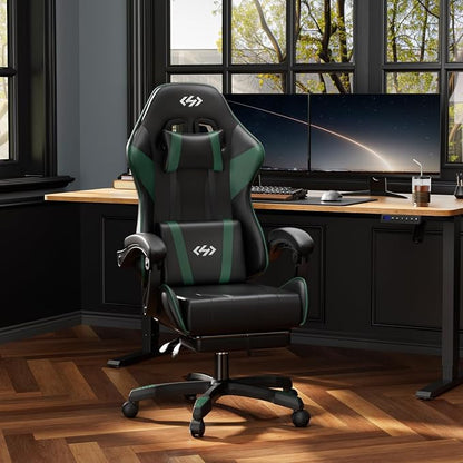 HLDIRECT Gaming Chair, Ergonomic Computer Office Chair with Lumbar Support Footrest Headrest, Adjustable Height & Backrest Angle Video Gamer Chair, PU Leather, 360° Swivel, Adult (Black&Green)