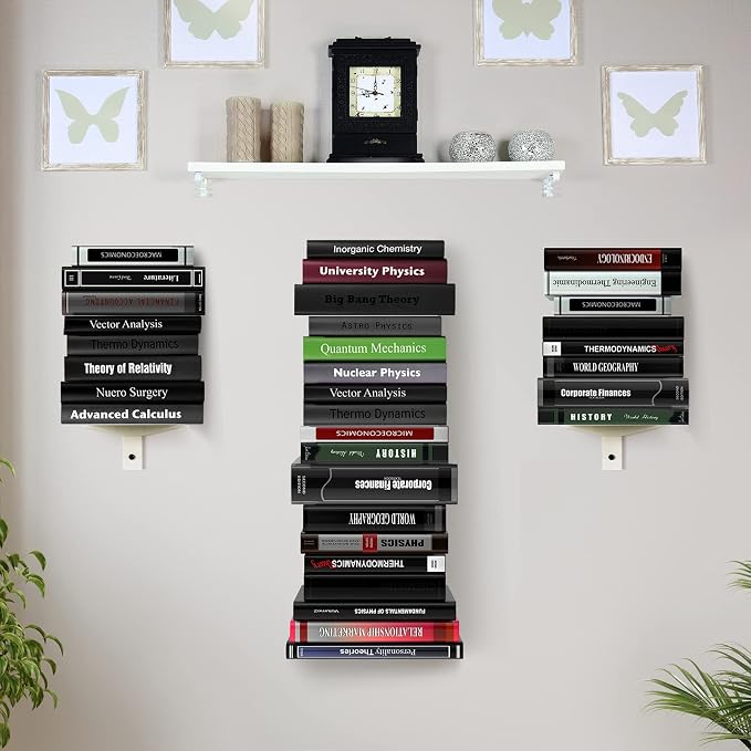 Floating Book Shelves for Wall, 8 Tier Invisible Floating Bookshelf, Vertical Spine Book Tower, Wall Mounted & Space Saving, Heavy Duty Metal Book Organizer for Home Office, 4 Pack White