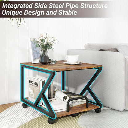 Natwind 2 Tier Printer Stand,19.7''x19.7'',with Pull Out Shelf,Retro | Easy Reach for Lower Shelf Items,Rolling Printer Cart with Wheels, Fits Under Desk,Supports 180lbs,for Home Office Kitchen