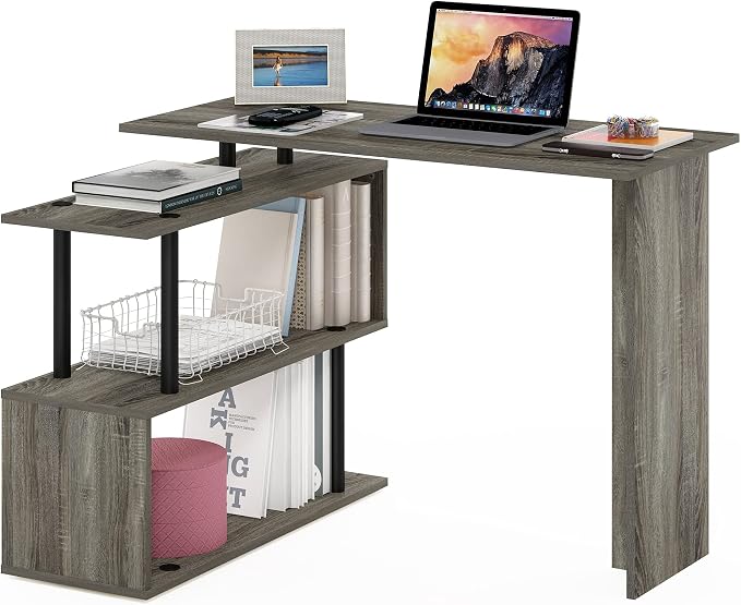 Furinno Moore L-Shape Computer Desk with 3-Tier Shelves, French Oak