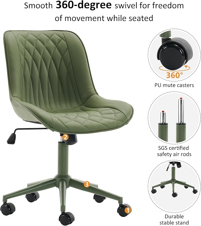 YOUNIKE Olive Green Faux Leather Ergonomic Office Chair Armless Comfy Desk Chair with Rocking Back Cute Swivel Vanity Chair with Wheels Height Adjustable Small Computer Task Chair for Sewing Drafting