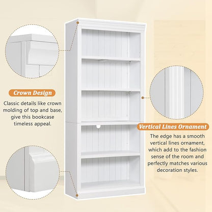 83.4" Tall Wood Bookcase with Light Strip,5-Tier Decor Bookshelves with Adjustable Shelves,Storage Organizer for CDs/Books,Free Standing Storage Shelves for Living Room,Home Office,White
