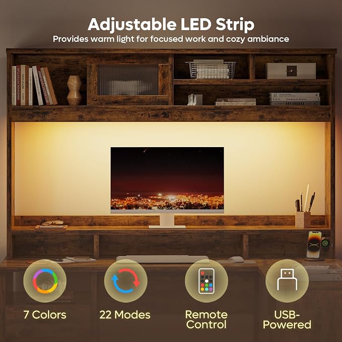 Bestier Farmhouse 63" L Shaped Desk with Hutch, Wood Computer Desk with Drawers, Charging Station, LED Light, Fluted Sliding Door Cabinet, Monitor Stand, Executive Desk for Home Office, Rustic Brown