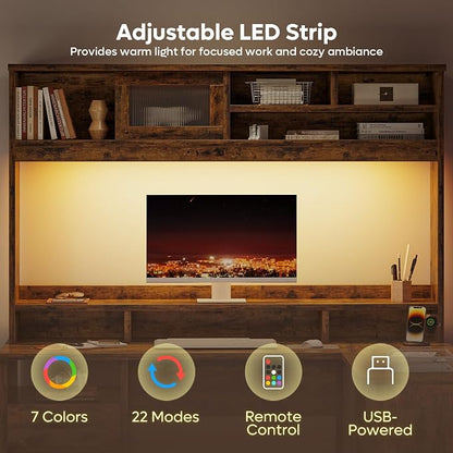 Bestier Farmhouse 63" L Shaped Desk with Hutch, Wood Computer Desk with Drawers, Charging Station, LED Light, Fluted Sliding Door Cabinet, Monitor Stand, Executive Desk for Home Office, Rustic Brown