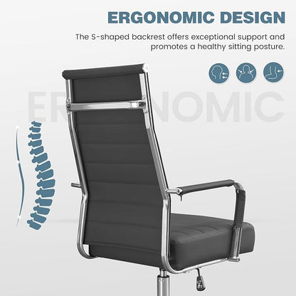 Office Desk Chair, Leather Conference Room Chairs with Wheels and Arms, Modern Ergonomic High Back Executive Ribbed Height Adjustable Swivel Chair for Home Office (Grey)