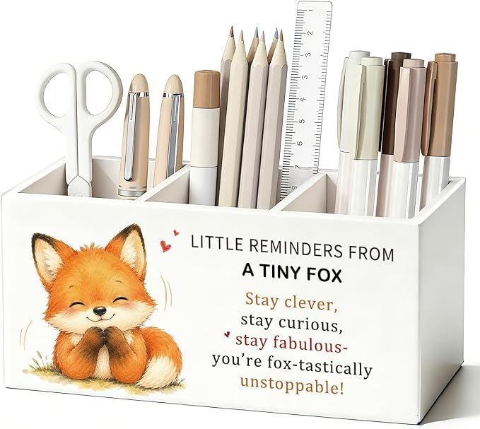 Positive Fox Pen Pencil Holder Desk Accessories Gifts for Women | Cute Fox Inspirational Pen Pencil Wooden Organizer Office Accessories Decorations for Dorm Room Bedroom Tabletop Desk Decor