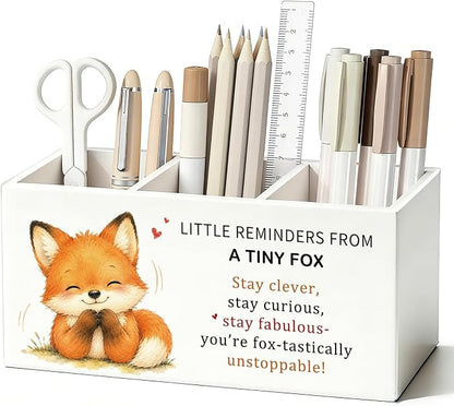 Positive Fox Pen Pencil Holder Desk Accessories Gifts for Women | Cute Fox Inspirational Pen Pencil Wooden Organizer Office Accessories Decorations for Dorm Room Bedroom Tabletop Desk Decor