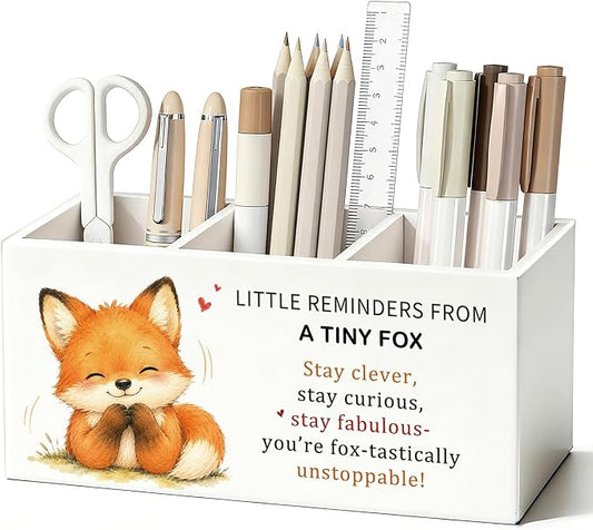 Positive Fox Pen Pencil Holder Desk Accessories Gifts for Women | Cute Fox Inspirational Pen Pencil Wooden Organizer Office Accessories Decorations for Dorm Room Bedroom Tabletop Desk Decor