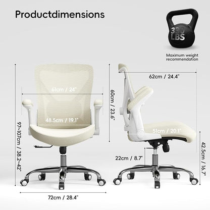 Ergalithic Office Home Ergonomic Desk Chair-Computer X-Shaped Chair Mesh PU Leather with Adjustable Lumbar Support-Executive Chair High Back Flip-Up Arms for Long Hours (Beige-No Headrest)