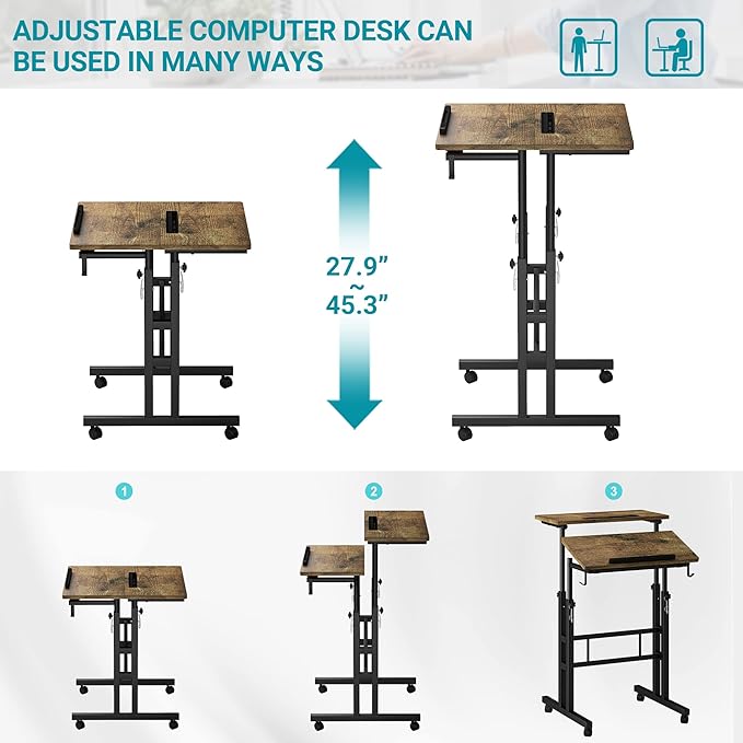Klvied Small Standing Desk with Cup Holder, Height Adjustable Mobile Laptop Stand on Wheels, Ergonomic Rolling Computer Workstation for Home Office, Portable Overbed Table for Couch & Bed, Oak
