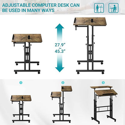 Klvied Small Standing Desk with Cup Holder, Height Adjustable Mobile Laptop Stand on Wheels, Ergonomic Rolling Computer Workstation for Home Office, Portable Overbed Table for Couch & Bed, Oak