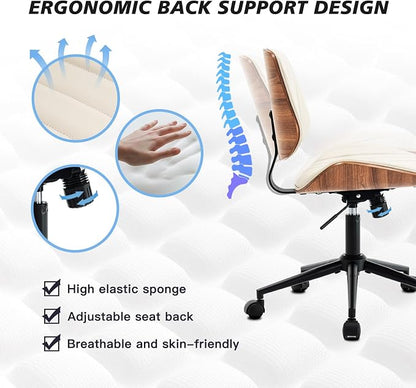 Armless Desk Chair with 360°Swivel Wheels, Ergonomic Adjustable Height Computer Chair for Home Office,PU Leather with Modern Walnut Drafting Chairs for Office, Reading Nook(Beige)