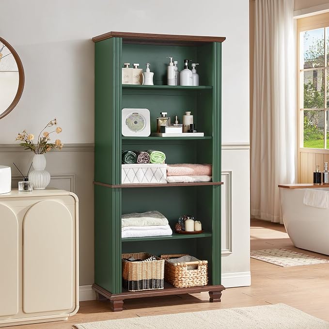 SAVOR LIFE 70" Tall Green Bookshelf,5 Tier Wooden Book Shelf with Adjustable Shelves & Wood Legs,Free Standing Farmhouse Bookcase with Open Display Storage,Vintage Bookshelves for Library,Classroom