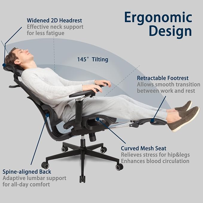 Ergonomic Office Chair with Footrest, 5D Adjustable Armrests, Lumbar Support, Big and Tall Mesh Reclining Swivel Chair for Home Office or Gaming, Adjustable Seat Depth, S3 Elite Pro