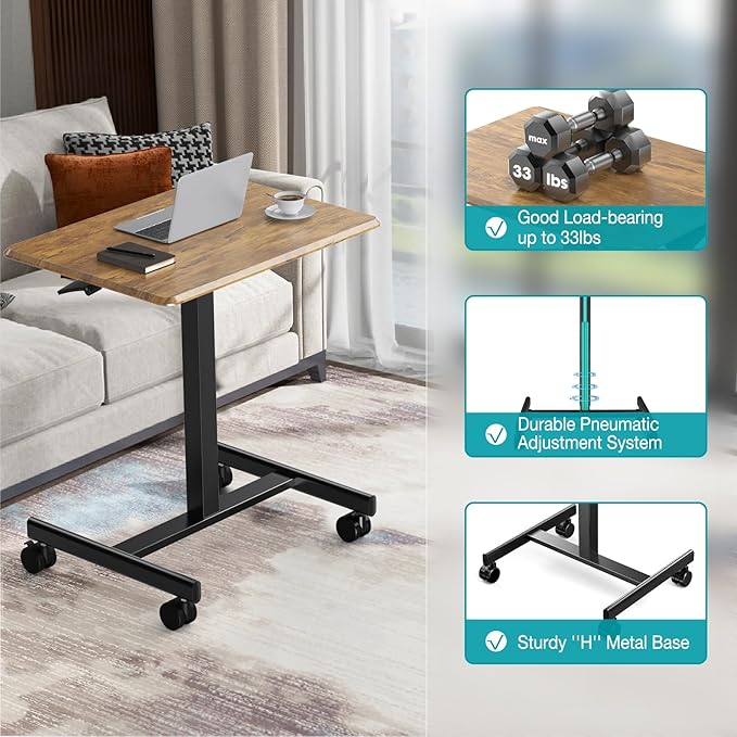 DUMOS Mobile Small Standing Desk, Portable Rolling Laptop Desk with 2 Lockable Wheels, Adjustable Height Computer Workstation for Home Office, 19 Inch Brown