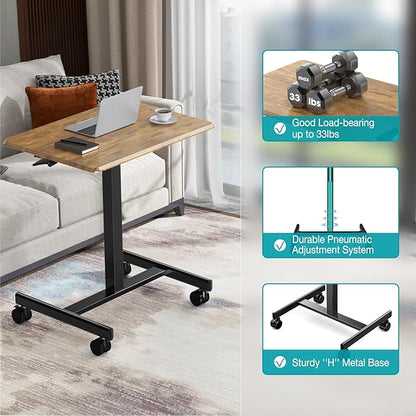 DUMOS Mobile Small Standing Desk, Portable Rolling Laptop Desk with 2 Lockable Wheels, Adjustable Height Computer Workstation for Home Office, 19 Inch Brown