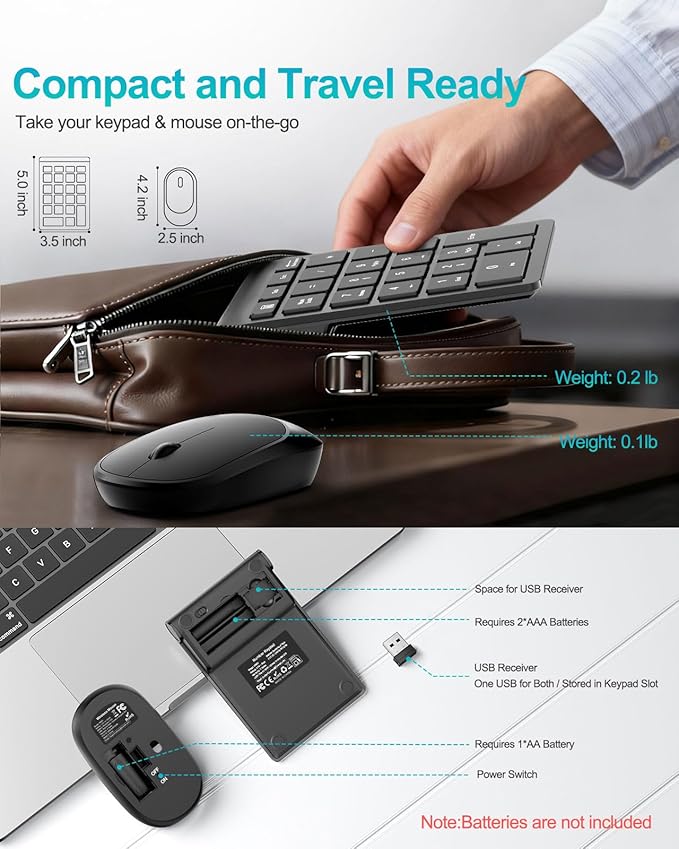 Lekvey Wireless Number Pad, Numeric Pad and Mouse Combo, Portable Slim 2.4GHz USB Wireless 10 Key Numpad Keypad for Laptop, Mac, Notebook, Desktop, PC Computer - Black