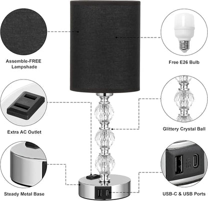 Black Touch Bedside Lamps for Bedrooms - Crystal Table Lamp with USB C+A Charging Port and AC Outlet Nightstand, 3 Way Dimmable Silver Small End Side Table Lamp for Living/Guest/Dinning Room/Kitchen