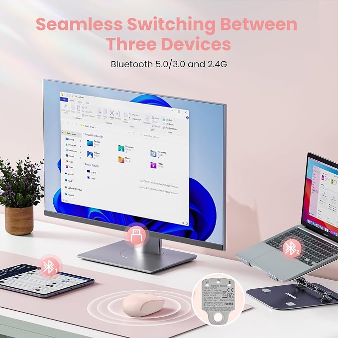 TECKNET Wireless Mouse,Bluetooth Mouse (BT5.3/5.0 & 2.4G) with USB Receiver Silent Optical Computer Mice，Wide Compatibility